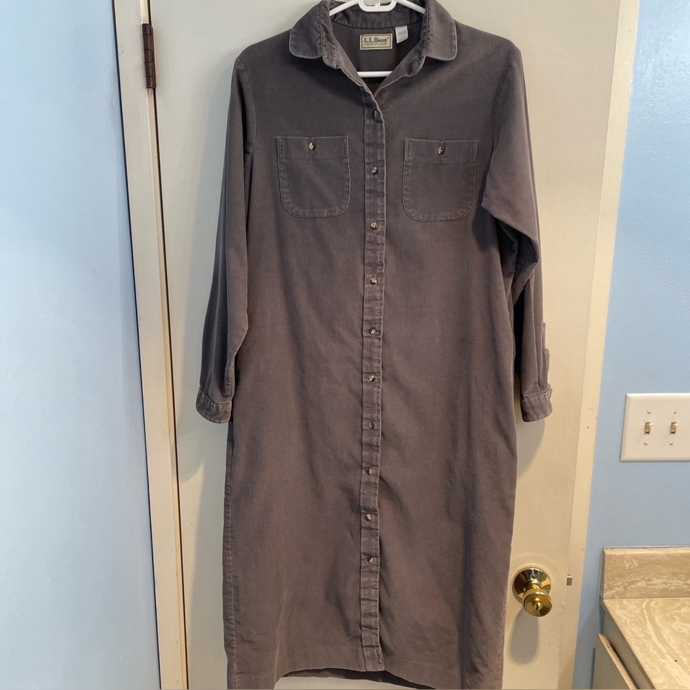 Vtg 90s L.L. Bean Gray Corduroy Dress Sz 14 Button Front Midi Made in USA